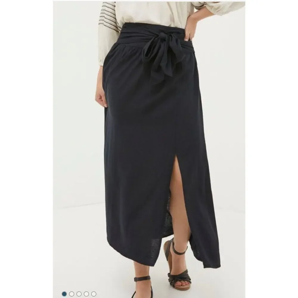 Fat face Sascha Black Midi Skirt With Linen size US 8R Fabric Tie Elastic Waist